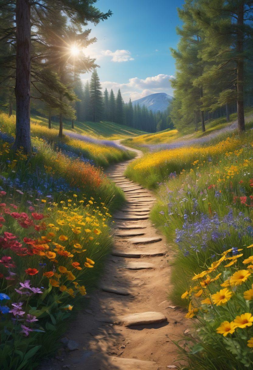 A serene landscape transitioning from a dark, gloomy forest on one side to a bright, sunny meadow filled with colorful wildflowers on the other. In the center, a winding path leads from the darkness towards the sun, symbolizing the journey from despair to joy, with butterflies fluttering and birds soaring above. The sky is a gradient of deep blues to warm yellows, capturing the essence of hope and positivity. super-realistic. vibrant colors. 3D.