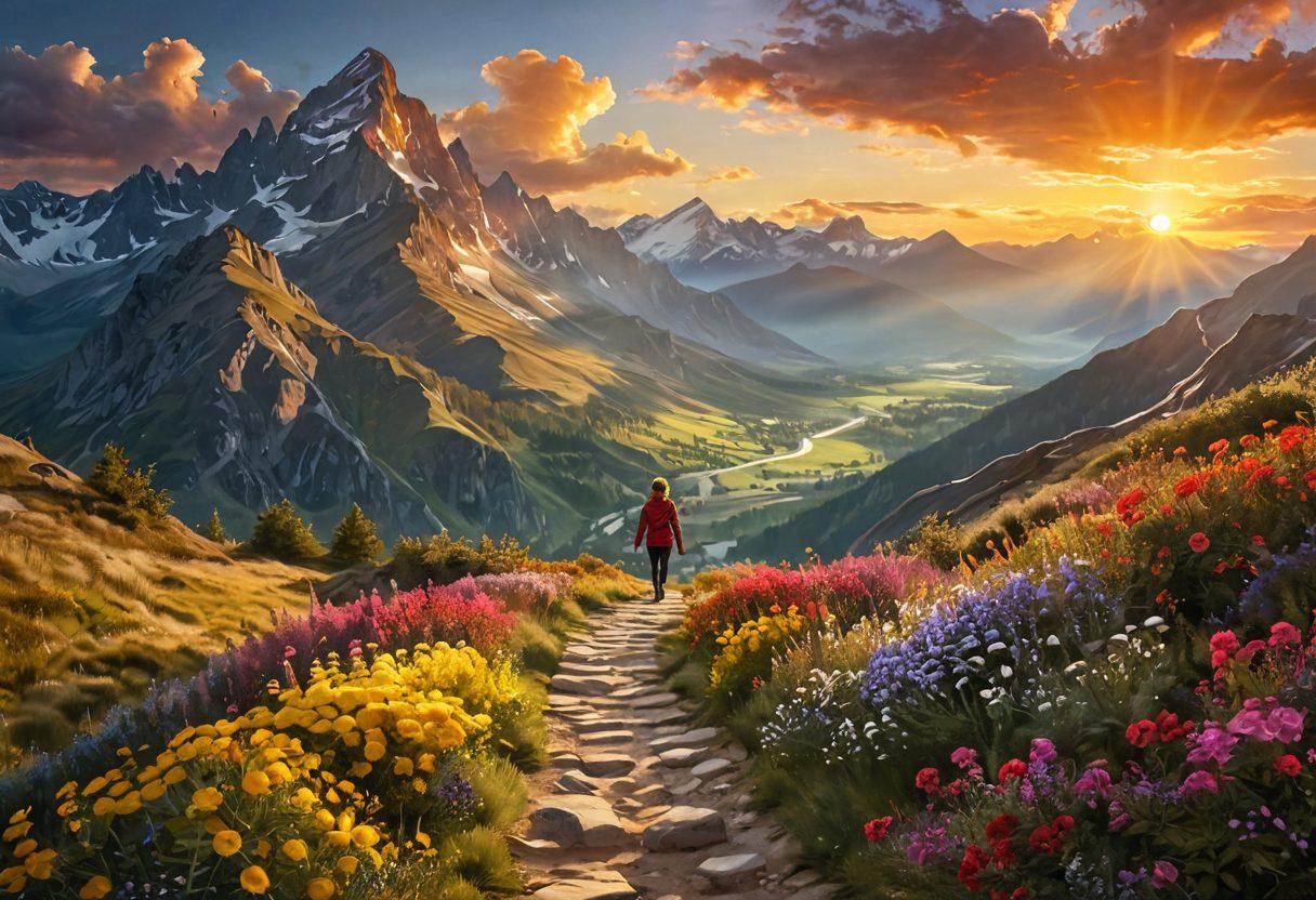 A serene landscape at dawn, where golden sunlight breaks through fluffy clouds, illuminating a winding path lined with vibrant flowers. A figure stands at the path's start, arms open wide, embracing the warmth and light. In the background, majestic mountains symbolize challenges being overcome. Soft colors evoke joy and optimism. super-realistic. vibrant colors. breathtaking scenery.