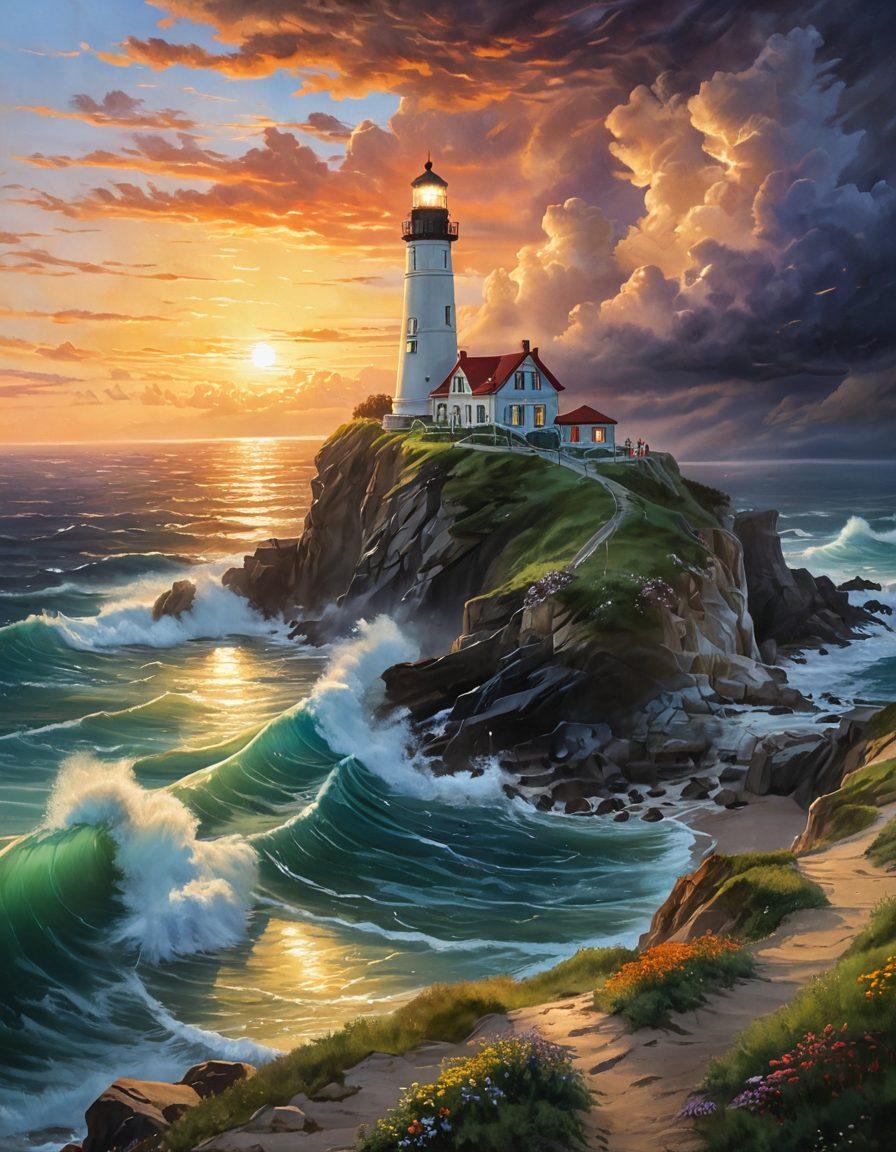 A serene landscape at sunrise, with a lighthouse standing tall on a cliff, beams of light illuminating a path through dark clouds. A diverse group of people, smiling and holding hands, illustrates unity and hope. Soft, warm colors radiate optimism while gentle waves crash below. The scene conveys a sense of peace and possibility. super-realistic. vibrant colors. painting.